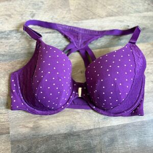 Cacique Purple Polka Dot Bra 38DD Front Clasp Adjustable Straps Racerback Lace